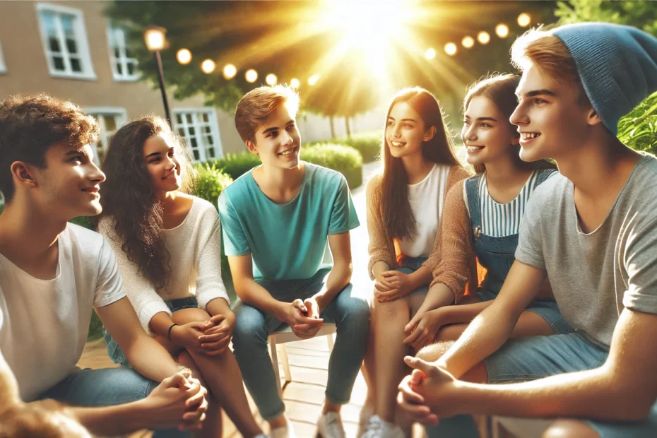 A diverse group of teenagers confidently standing together outdoors