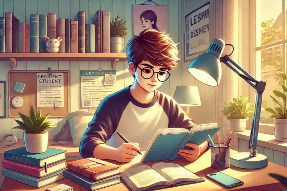 a young teen boy studying in his room