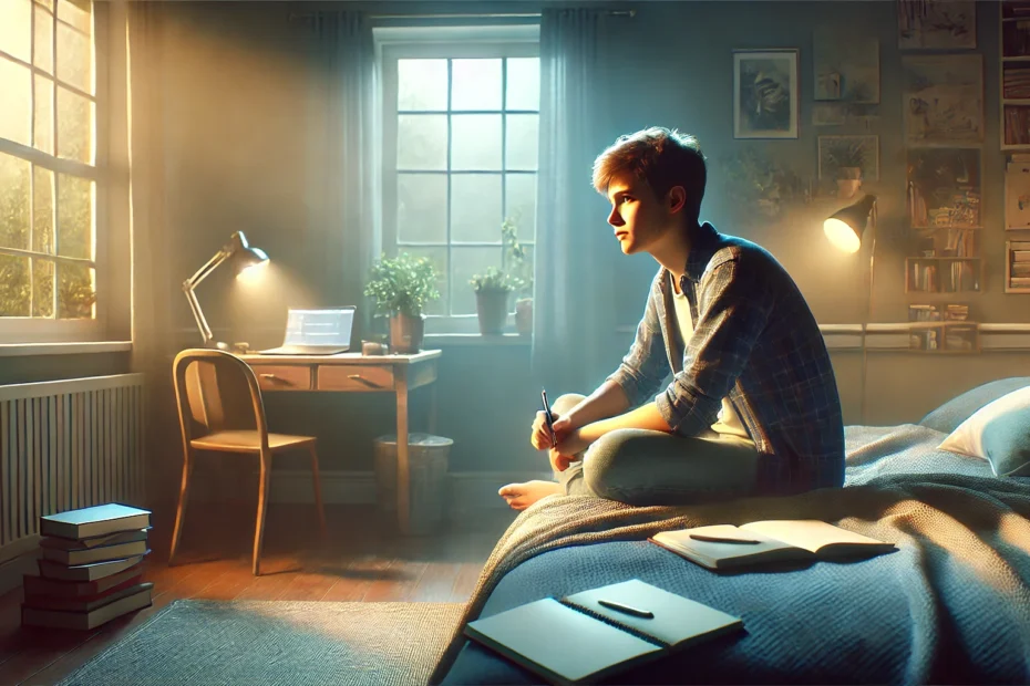 A teen boy in his bedroom sitting.