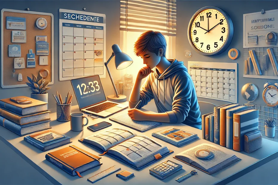 a teen boy in his desk, studying