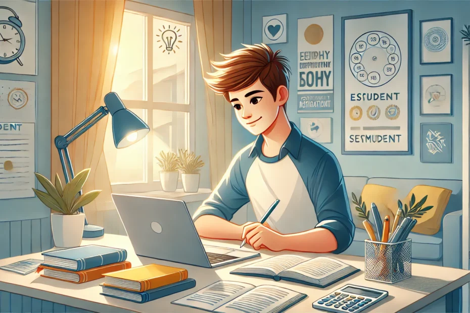 young boy studying in his room